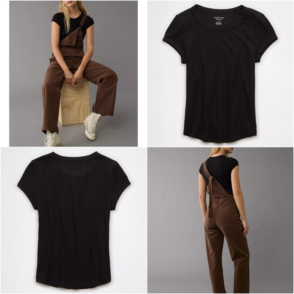 American Eagle AE Waffle T-Shirt Layering Tee M Black Stretch Base Layer 90s Y2K - Picture 3 of 16